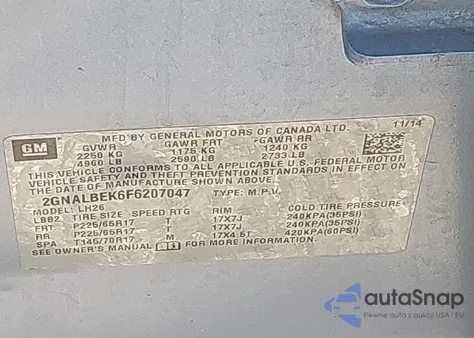 2015 Chevrolet Equinox 1Lt z USA, uszkodzony, nr VIN 2GNALBEK6F6207047